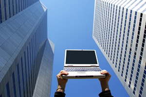 Laptop with skyscrapers