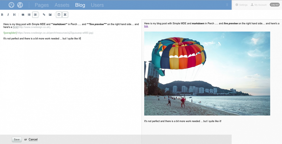Live preview, SimpleMDE editor and Perch CMS